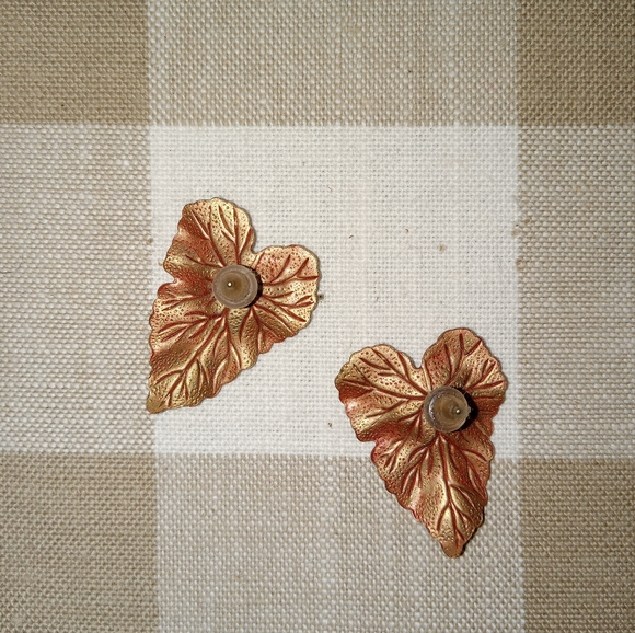 Gold & Red Metallic Leaf Stud Earrings - Picture 2 of 2
